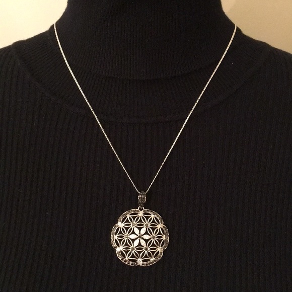 Sterling Silver Floral Pendant Black & Clear CZ’s - Picture 7 of 8